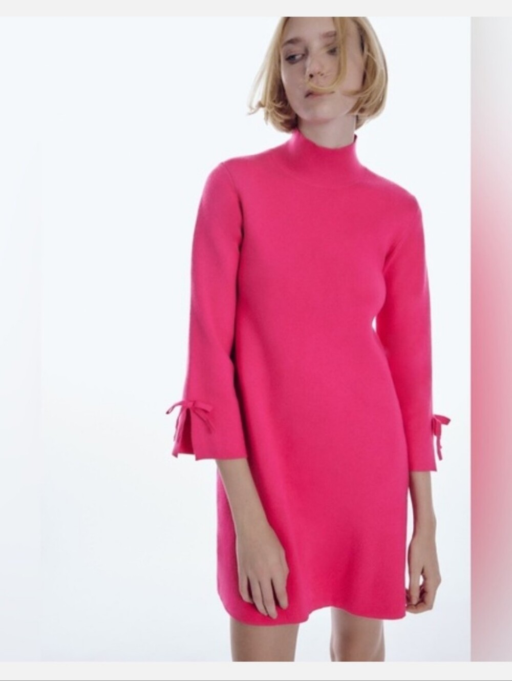 Zara Womens Pink Mini Sweater Shift Dress with Sleeve Ties Medium